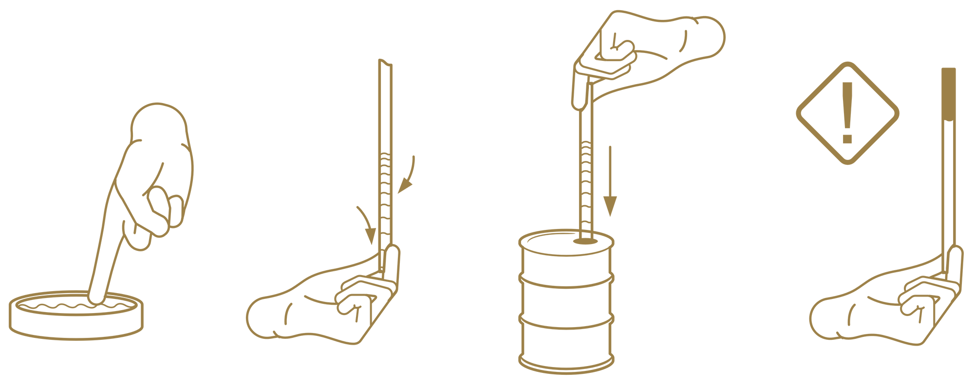 Four-step illustration: apply paste to dipstick, coat evenly, insert into fuel tank, read the result